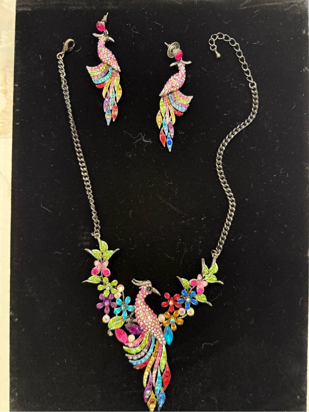 Multicolor Rhinestone Peacock Necklace and Earrings Set